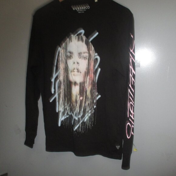 GUESS ECO Shirt Size XS Black With Graphics Long Sleeve 100% Organic Cotton - Picture 2 of 12